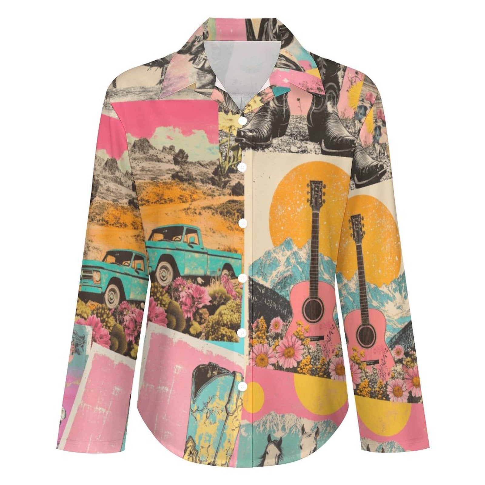 Baha Ranch Retro Pop Western Collage Button Up Women's Shirt