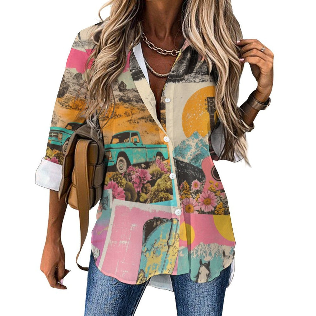 Baha Ranch Retro Pop Western Collage Button Up Women's Shirt
