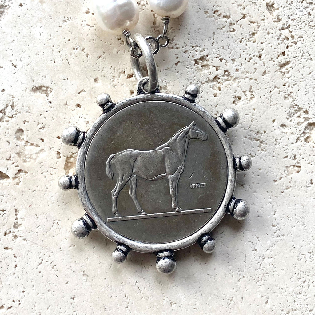 Genuine Freshwater Pearl French Horse Coin Necklace