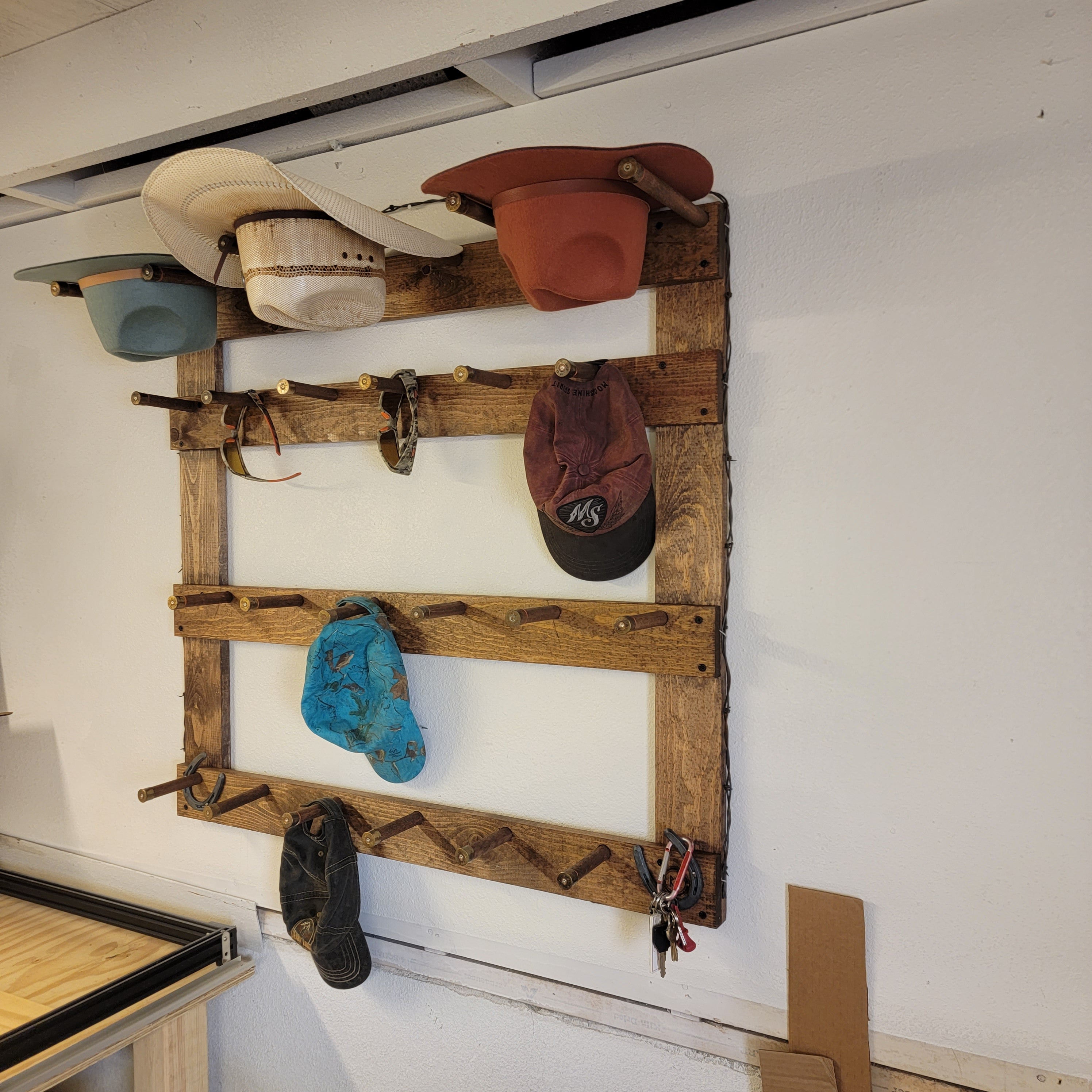 3 Cowboy Hat Rack | Cowboy Hat Holder | with 13 Gimmee Cap pegs | Rustic Western Hat Display | Handcrafted Wooden Organizer | Space-Saving Home Decor | Made in USA
