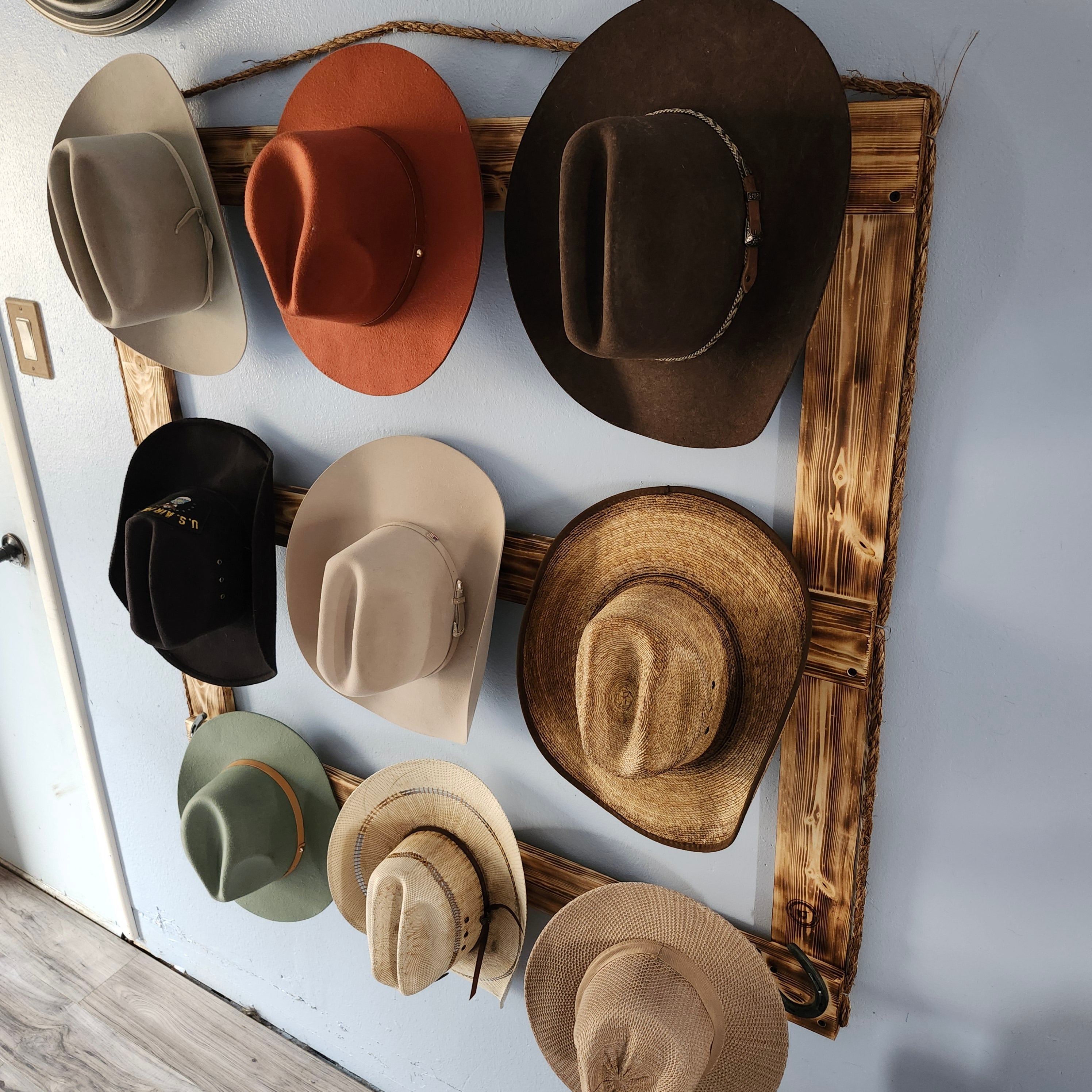 9 Cowboy Hat Rack | Cowboy Hat Holder | Rustic Western Hat Display | Handcrafted Wooden Organizer | Space-Saving Home Decor | Made in USA