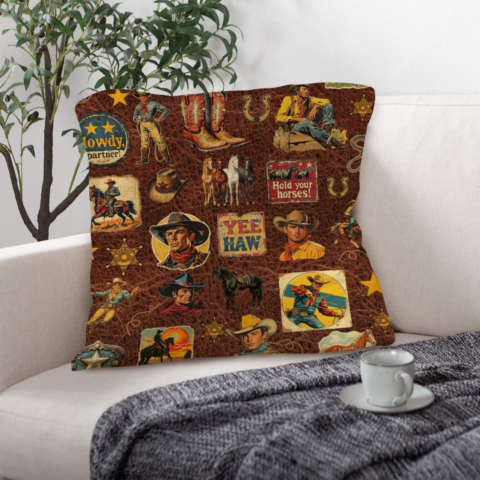 Vintage Cowboy Collage Western Throw Pillow Case Made in America