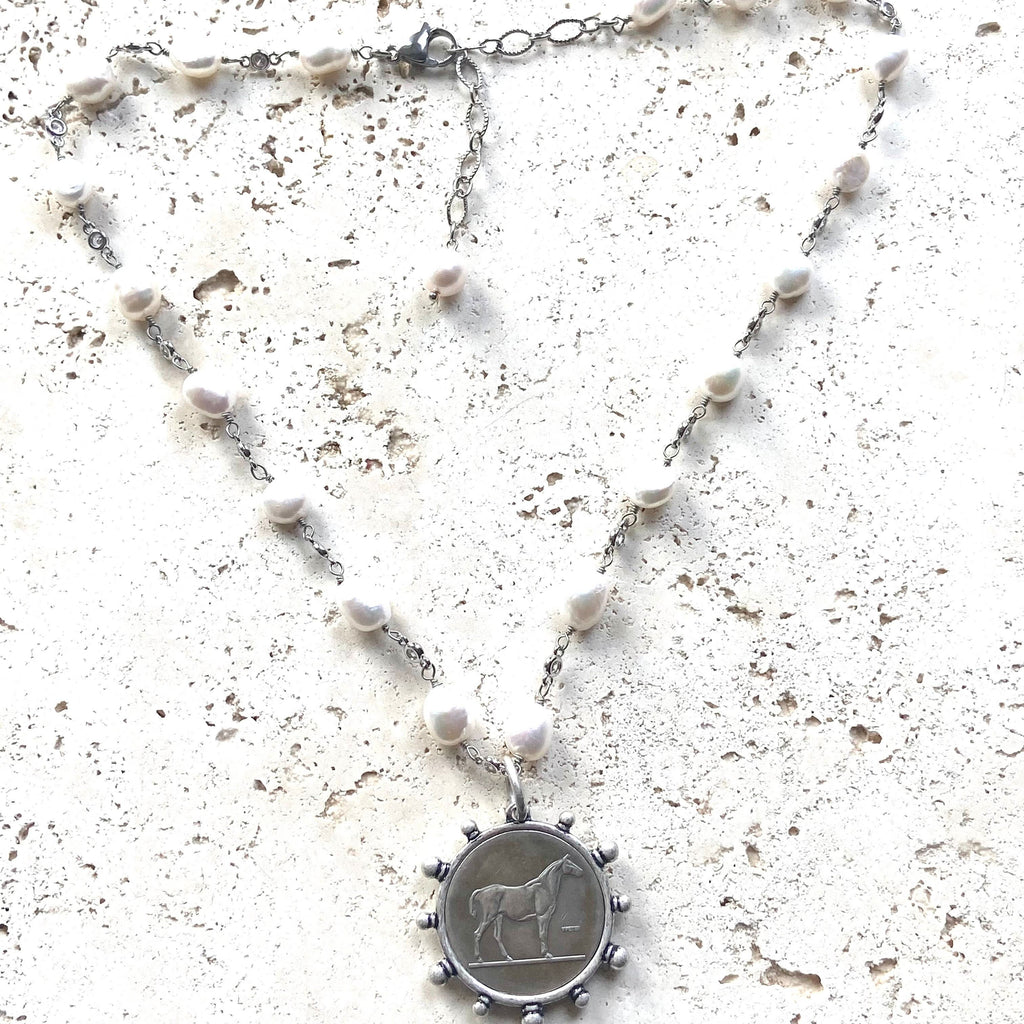 Genuine Freshwater Pearl French Horse Coin Necklace