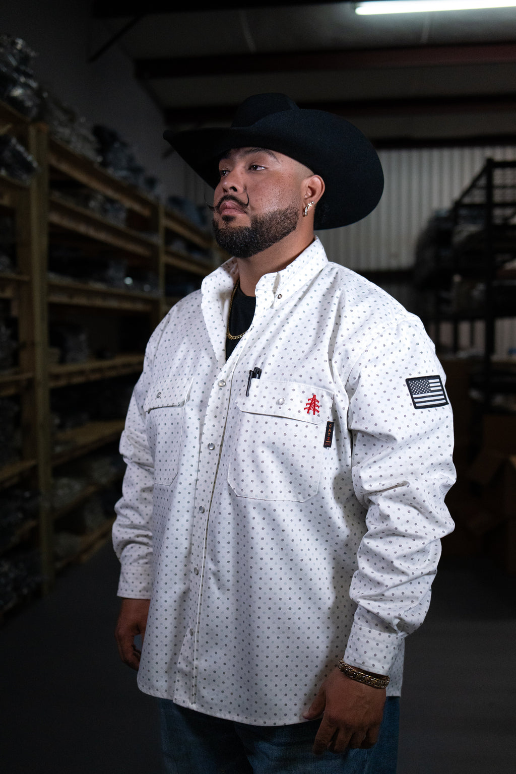 FR Pearl Snap Work Shirt - Phantom White - With U.S Flag