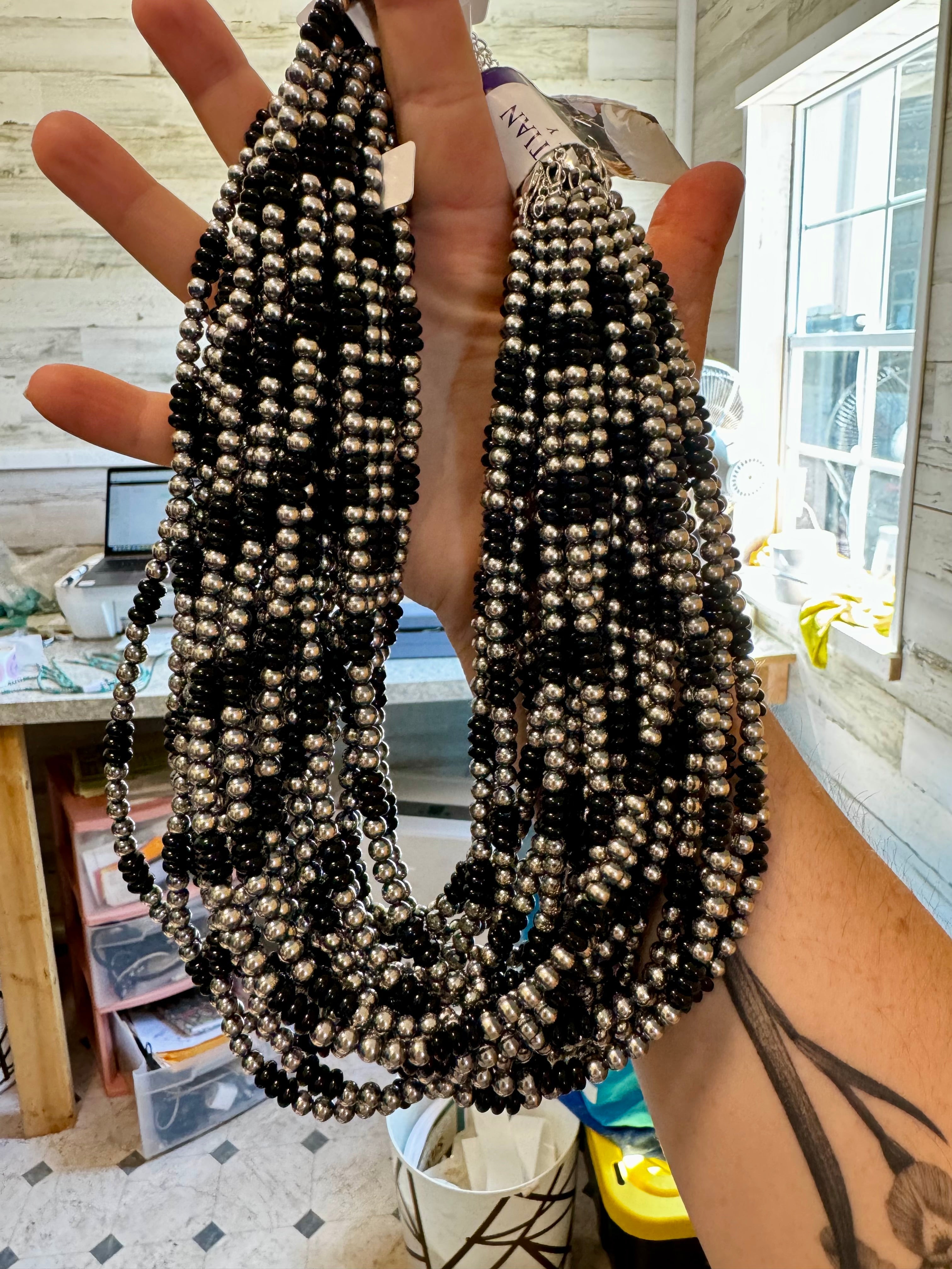 18 Inch 5 mm Sterling Silver Pearls necklace with Black Onyx