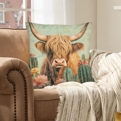 Baha Ranch Cactus Highland Velvety Soft Throw Pillow Cover Made in America