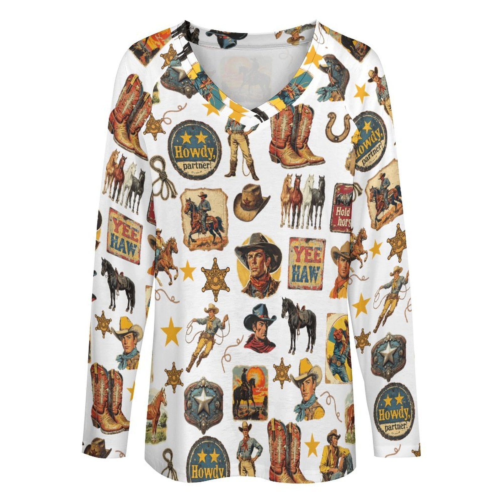 Baha Ranch Vintage Cowboy Collage Long Sleeve Top