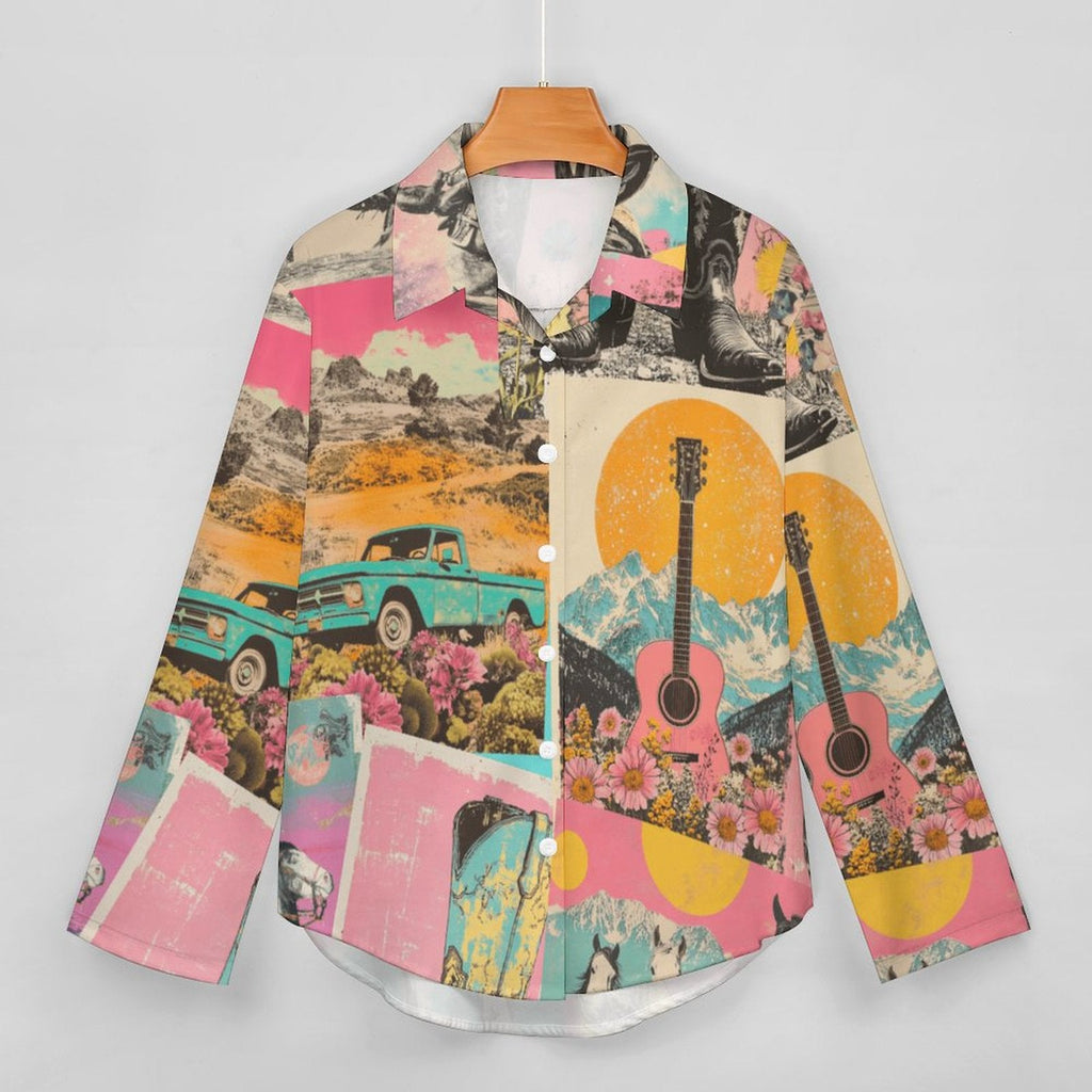 Baha Ranch Retro Pop Western Collage Button Up Women's Shirt