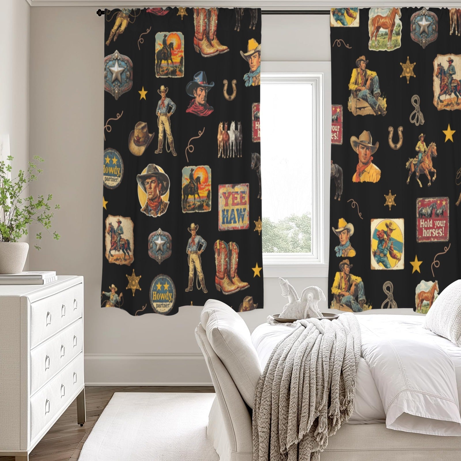 Vintage Cowboy Collage Western Curtains 52" x 63" Made in America