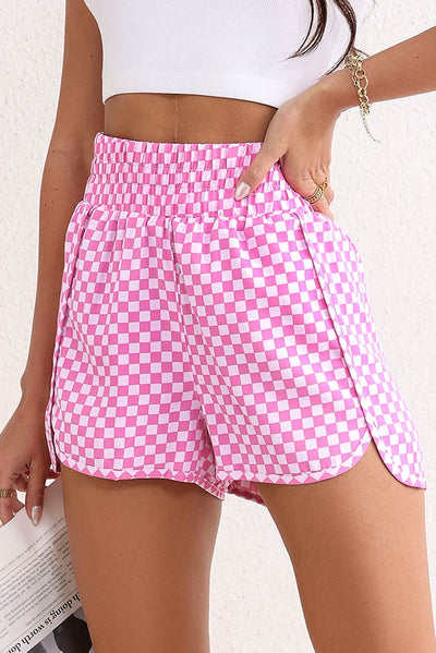 Pink Plaid High Waist Athletic Women's Shorts