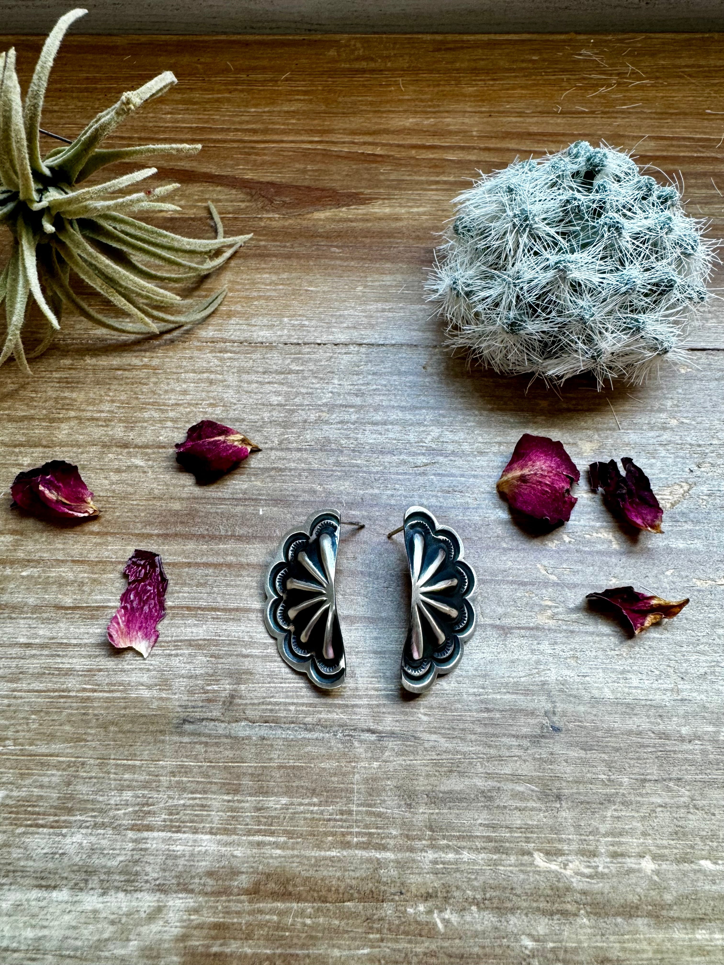 Big Half Cluster Sterling silver stud earrings