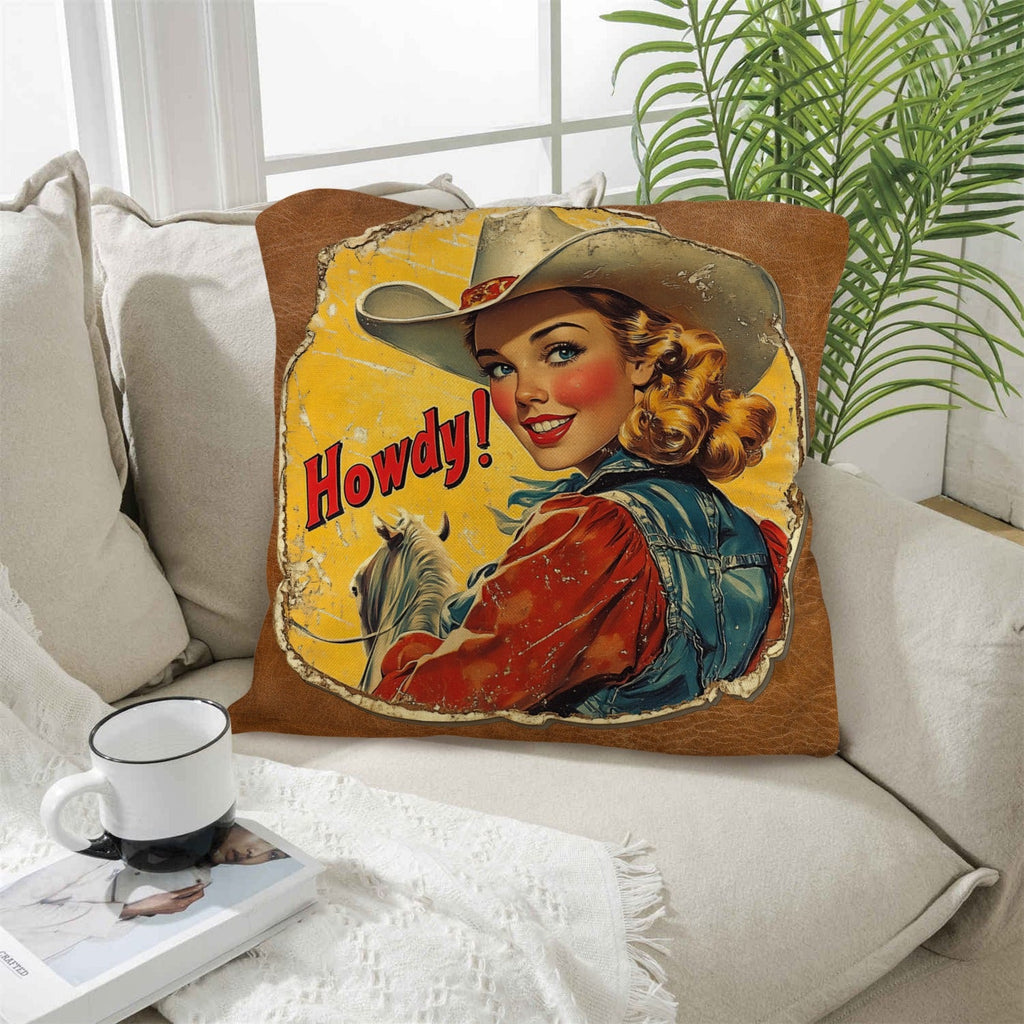 Baha Ranch Vintage Cowgirl Howdy Throw Pillow 18 x 18 Made in America