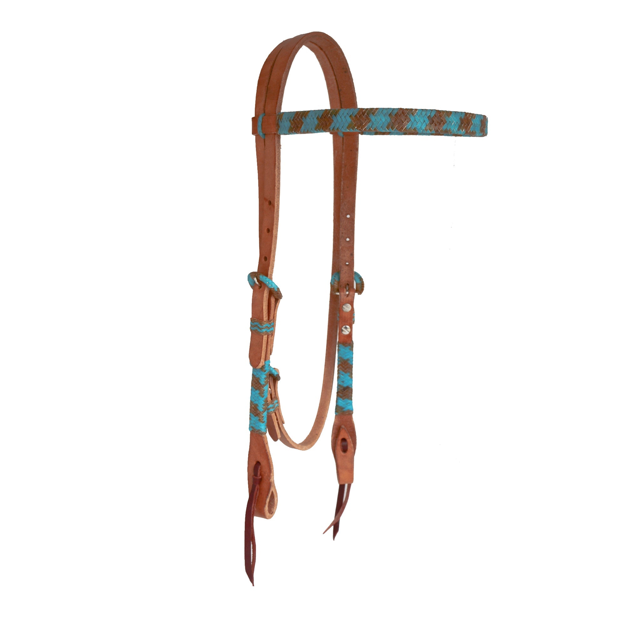 2030-TN 1/2" Straight browband headstall harness leather teal and rawhide braiding, Spanish lace hardware, braided loops, and tassel