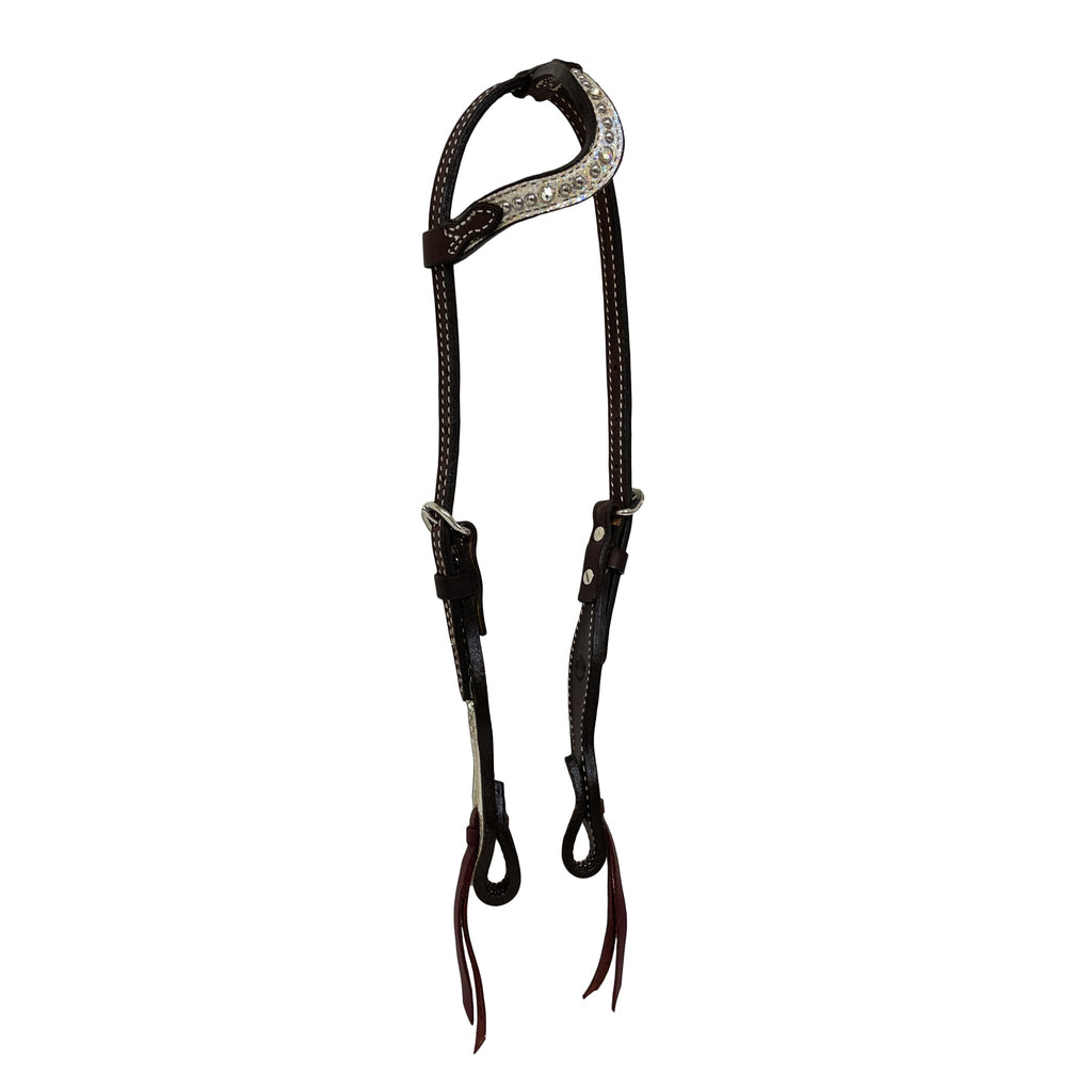 2074-J8 5/8" Wave one ear headstall chocolate leather holographic overlay with crystals and spots