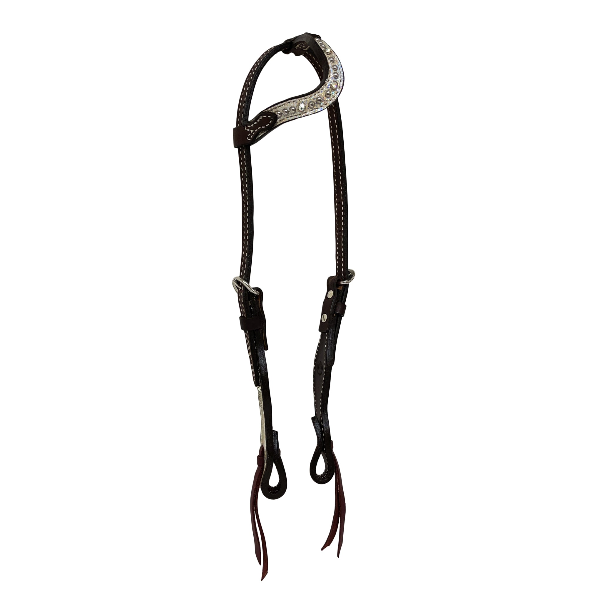 2074-J8 5/8" Wave one ear headstall chocolate leather holographic overlay with crystals and spots