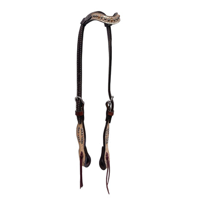 2074-MYSTIC 5/8" Wave one ear headstall chocolate leather mystic overlay with spots