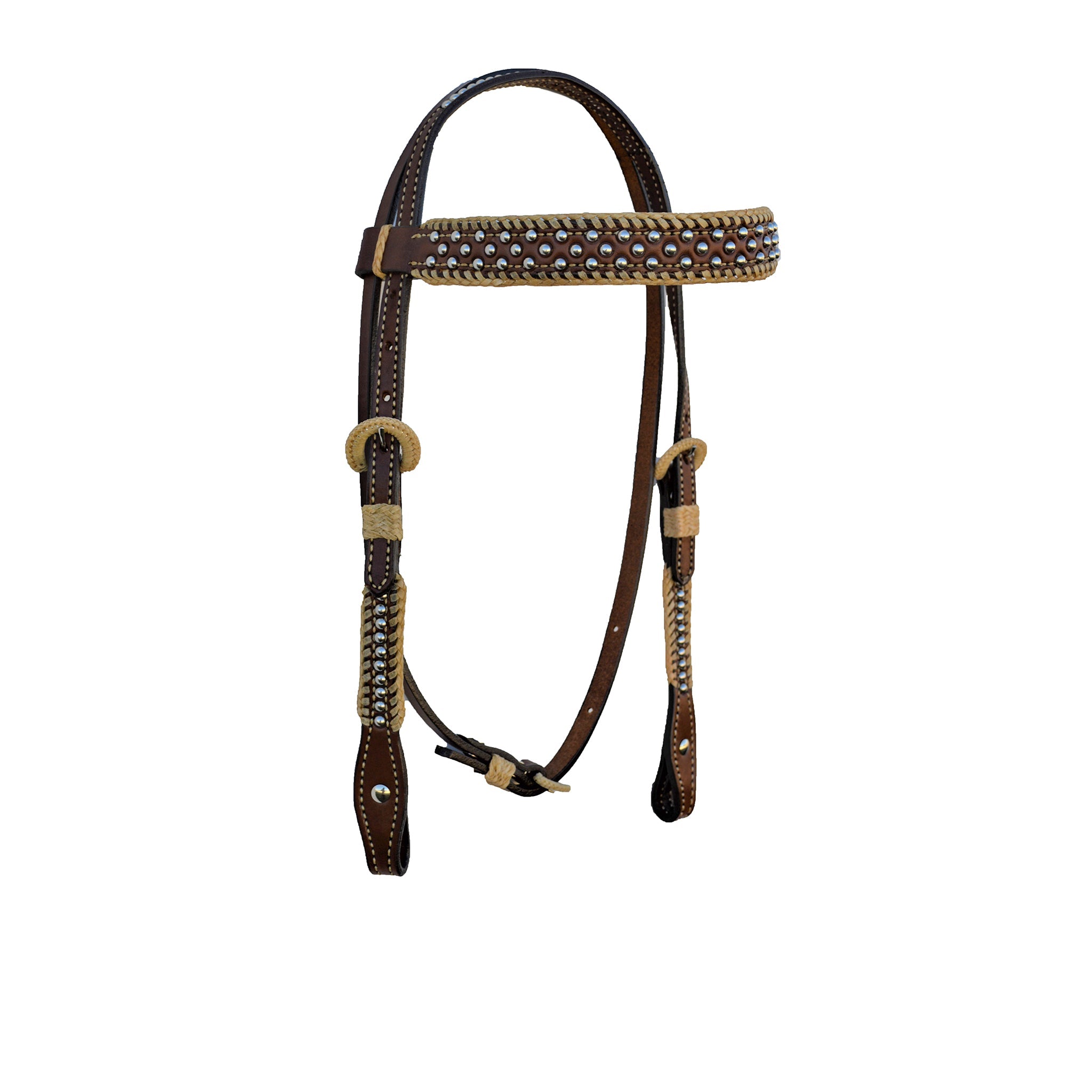 2614-TP 1" Straight browband headstall toast leather with rawhide Spanish lace hardware, braided loops, and spots