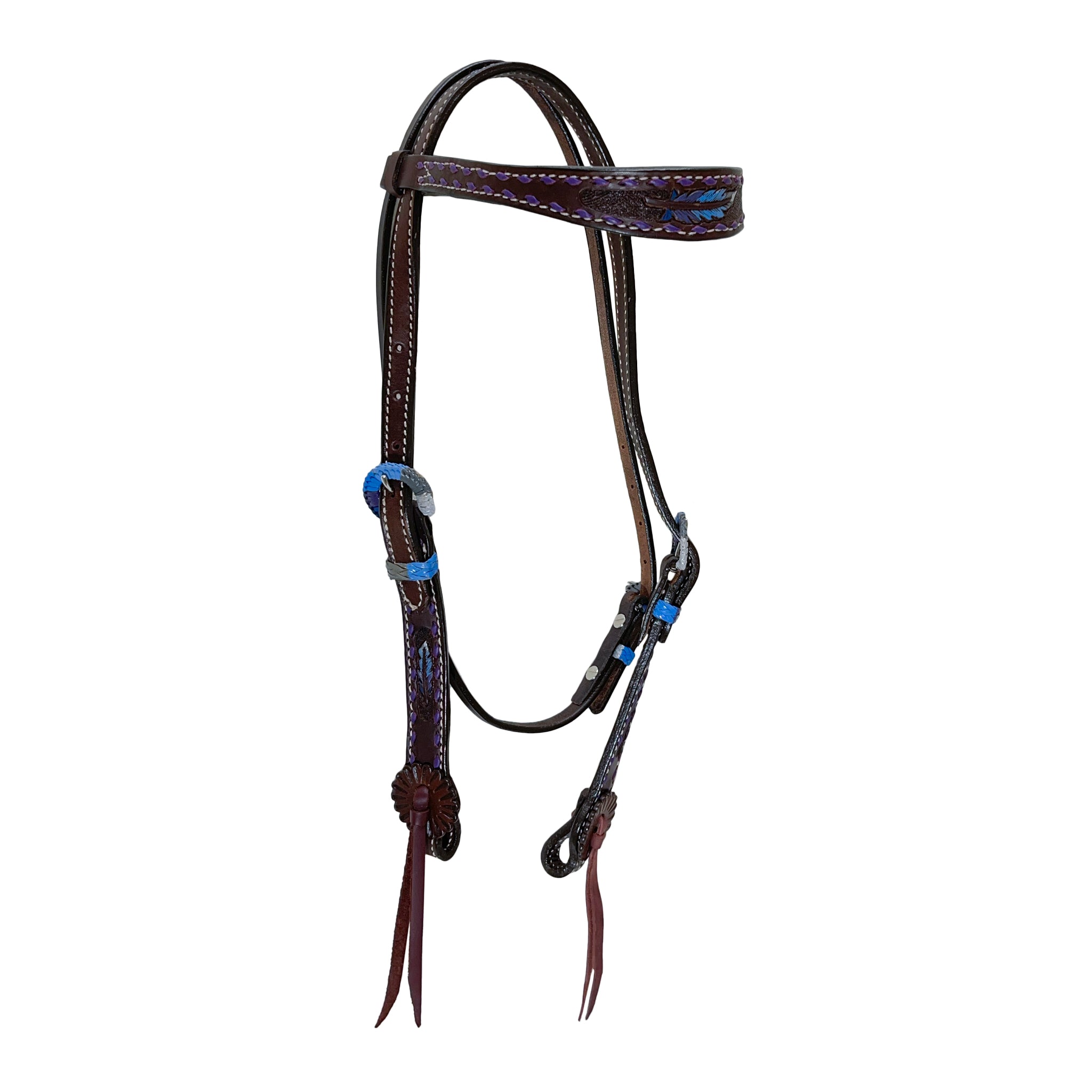 2800-FEATHER 1-1/2" Contour browband headstall chocolate leather multicolored feather tooled with buckstitch, Spanish lace hardware, and loops
