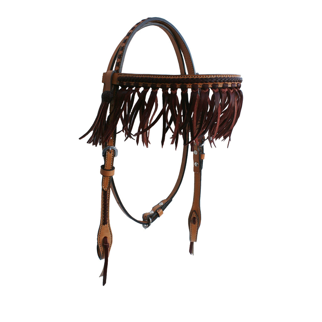 2F15-LC 3/4" Straight browband headstall golden leather with latigo braiding, fringe, and tassels