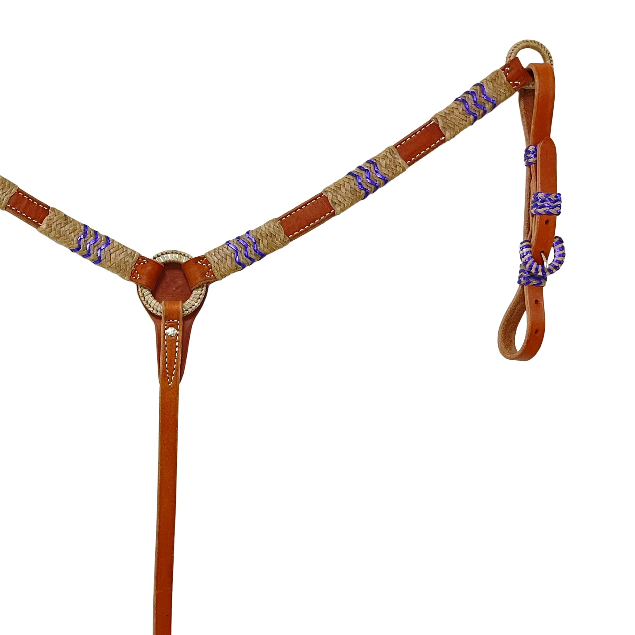 3014-BP 1" Breast collar harness leather metallic purple and natural rawhide braiding with Spanish lace hardware