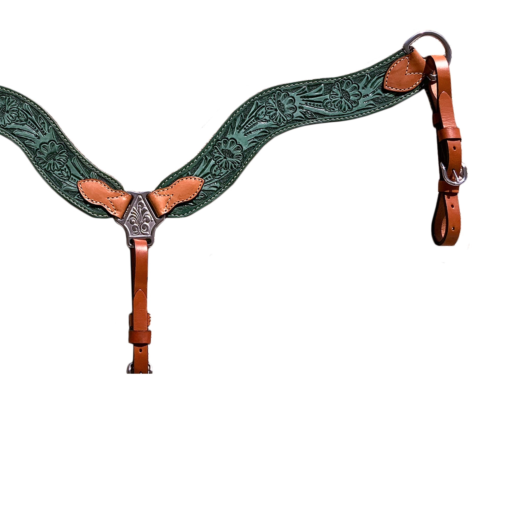 3017-QSG 2-1/2" Wave breast collar rough out turquoise and golden leather floral tooled