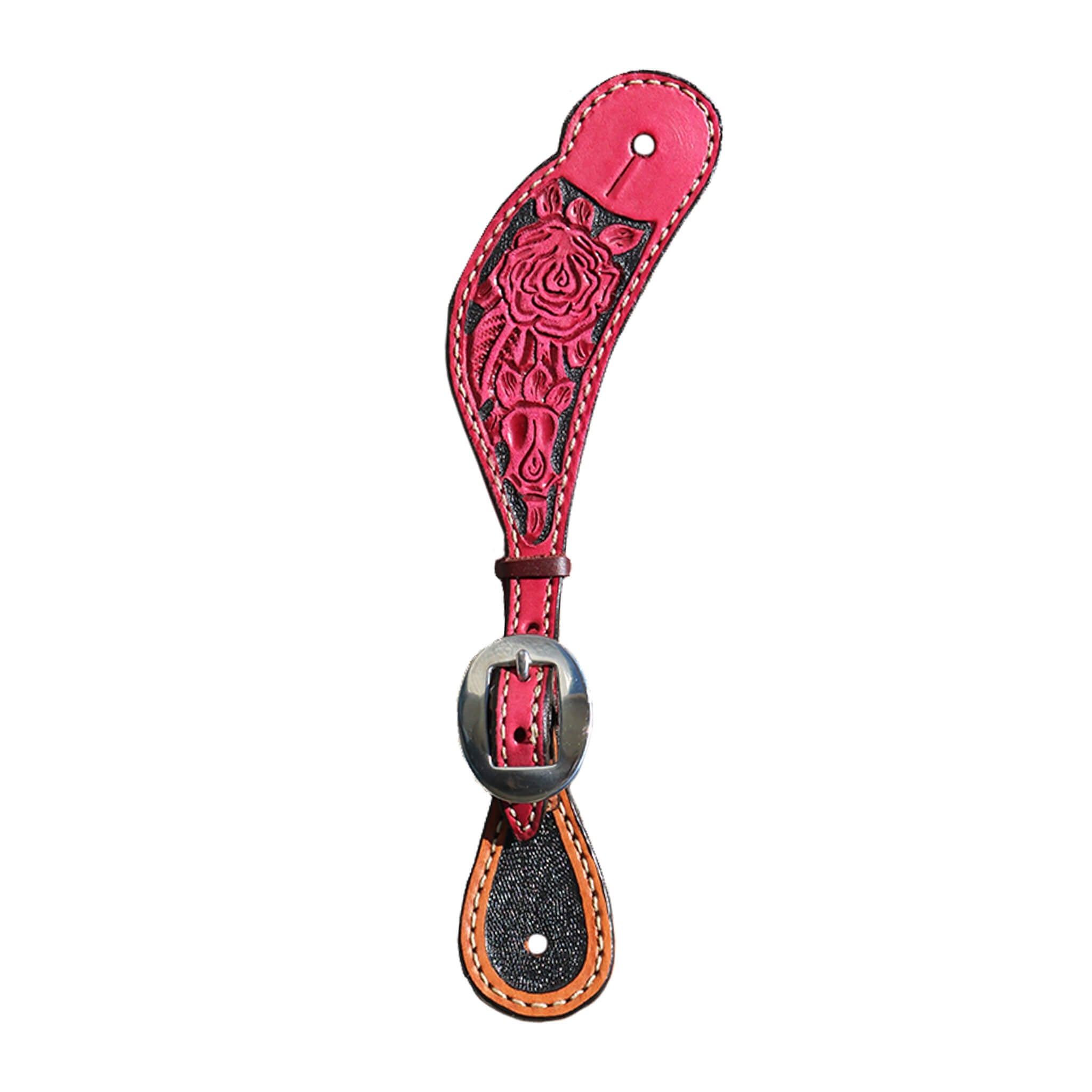 382-RP Ladies spur straps dirty pink leather rose tooling with background paint