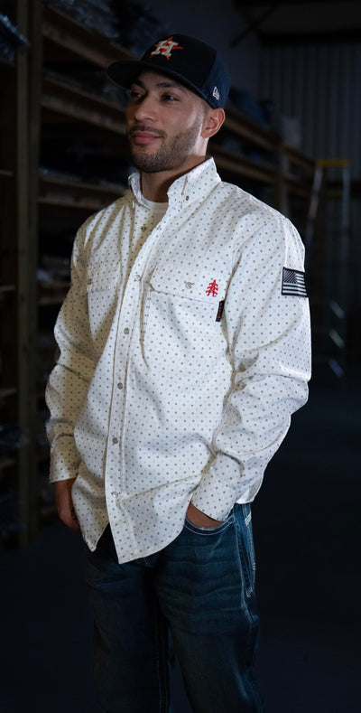 FR Pearl Snap Work Shirt - Phantom White - With U.S Flag