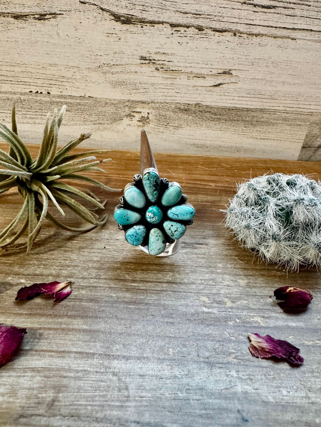 Big flower ring- size 7 1/2- Royston  turquoise ring and sterling silver