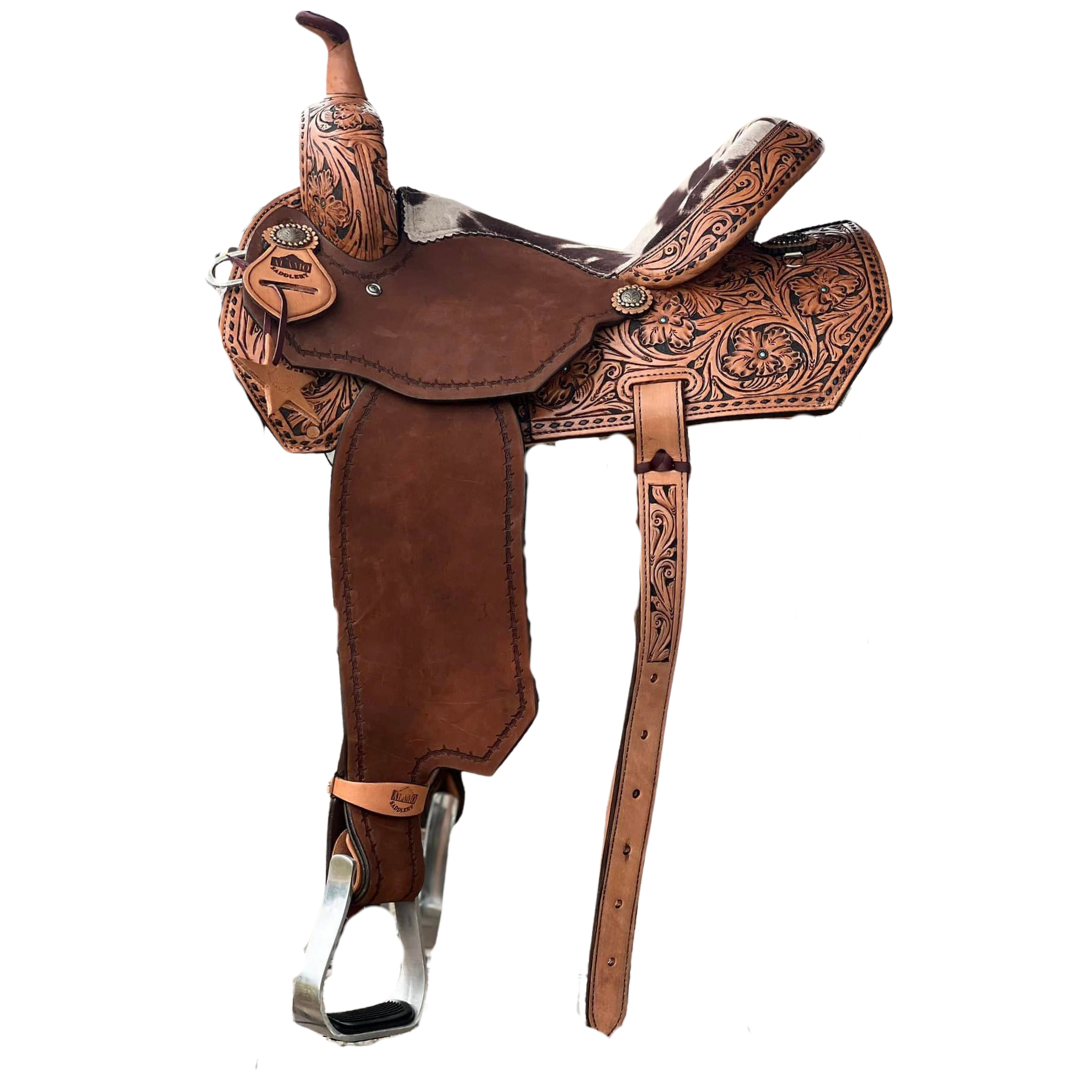 14" & 15" El pinto (Two-toned leather w/ Cheyanne roll) Barrel Saddle