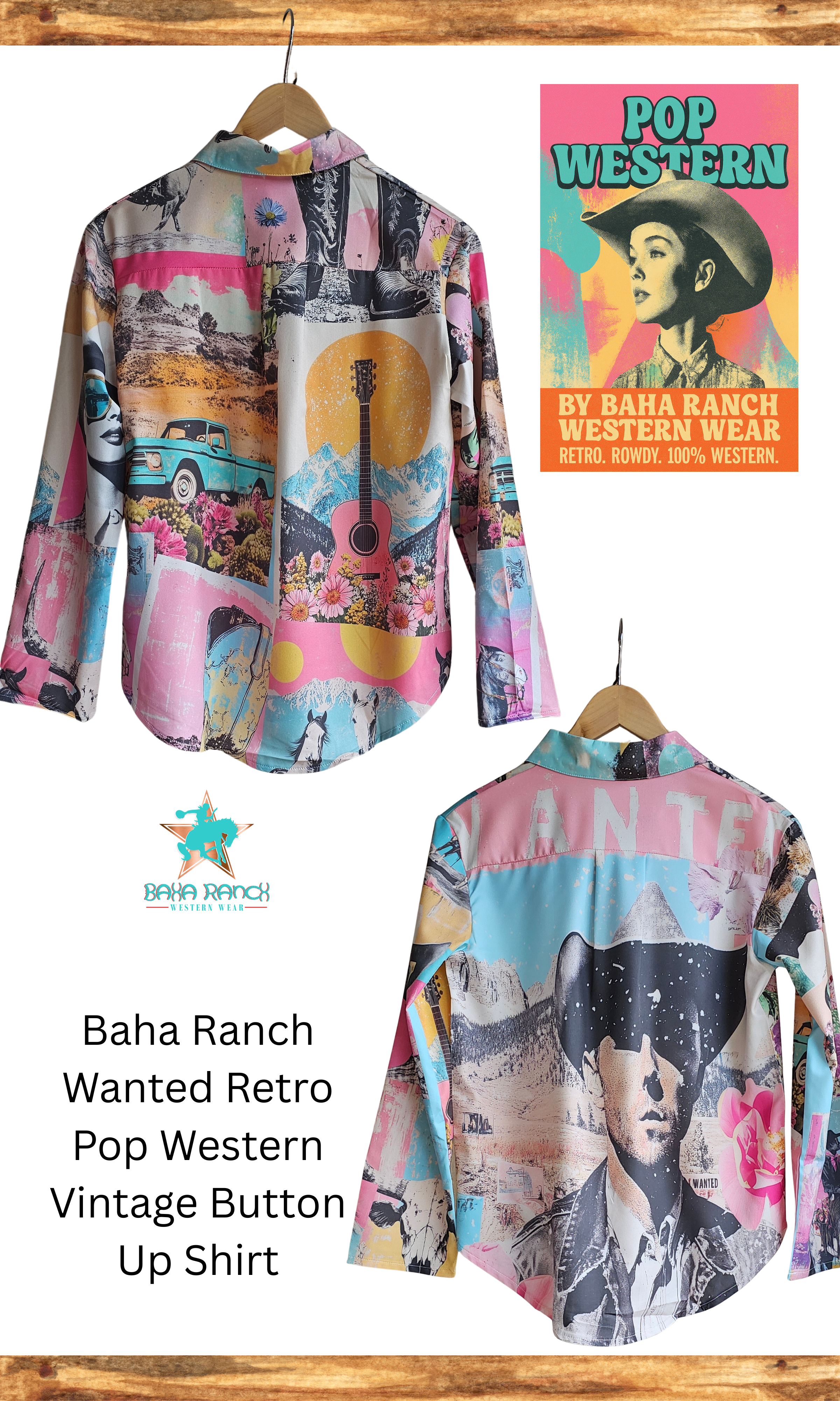 Baha Ranch Wanted Retro Pop Western Vintage Button Up Women's Shirt