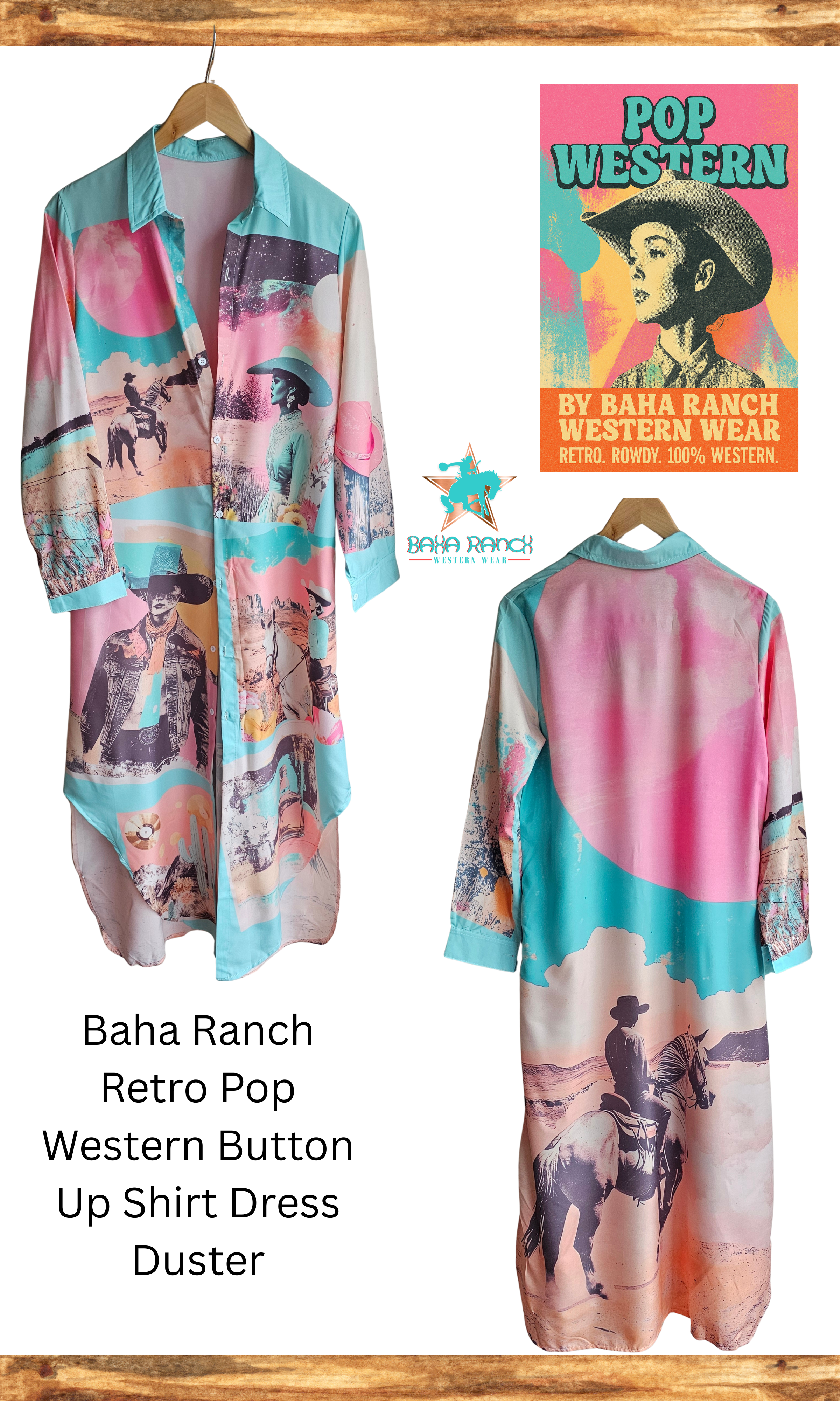 Baha Ranch Retro Pop Western Button Up Shirt Dress Duster