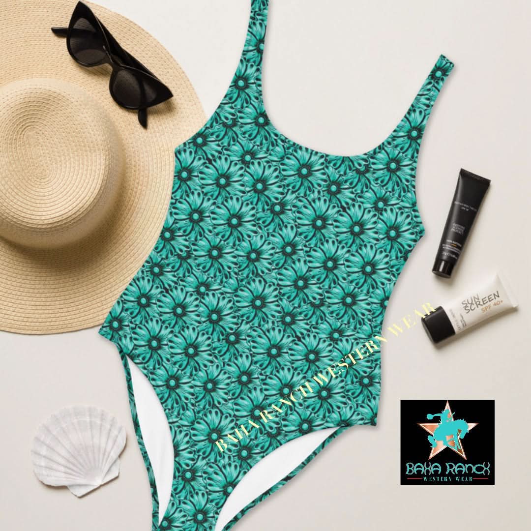 Yeehaw Turquoise Floral Leather Print One-Piece Swimsuit