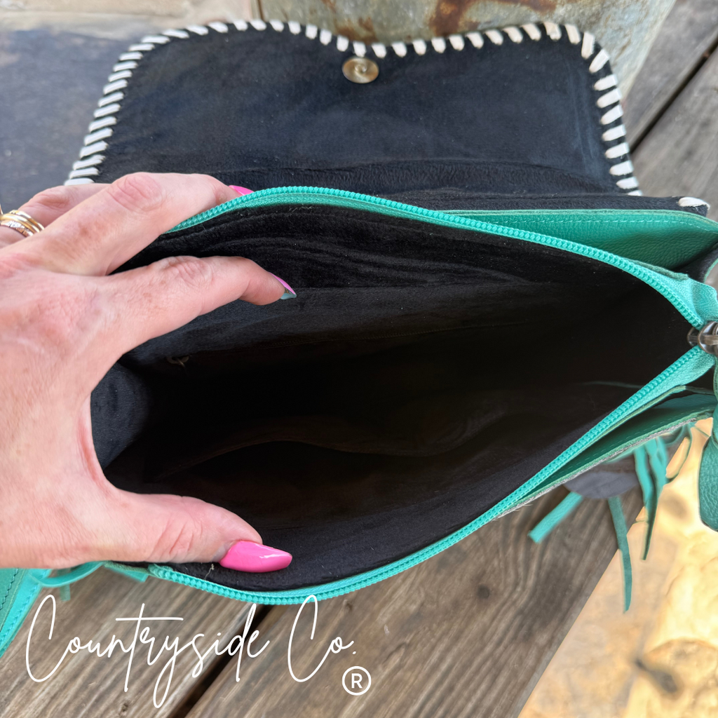 Turquoise Tooled Leather and Cowhide Purse