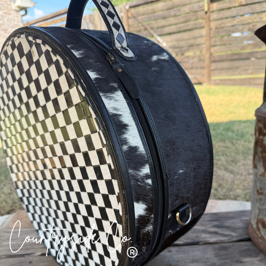 Checkered Tooled Leather Hat Box