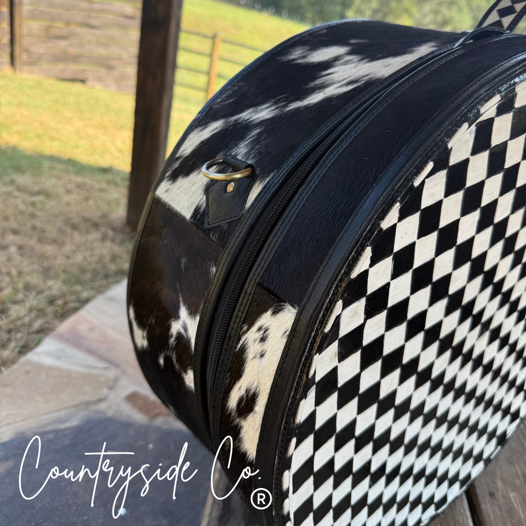 Checkered Tooled Leather Hat Box