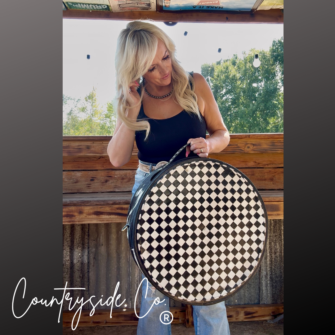 Checkered Tooled Leather Hat Box