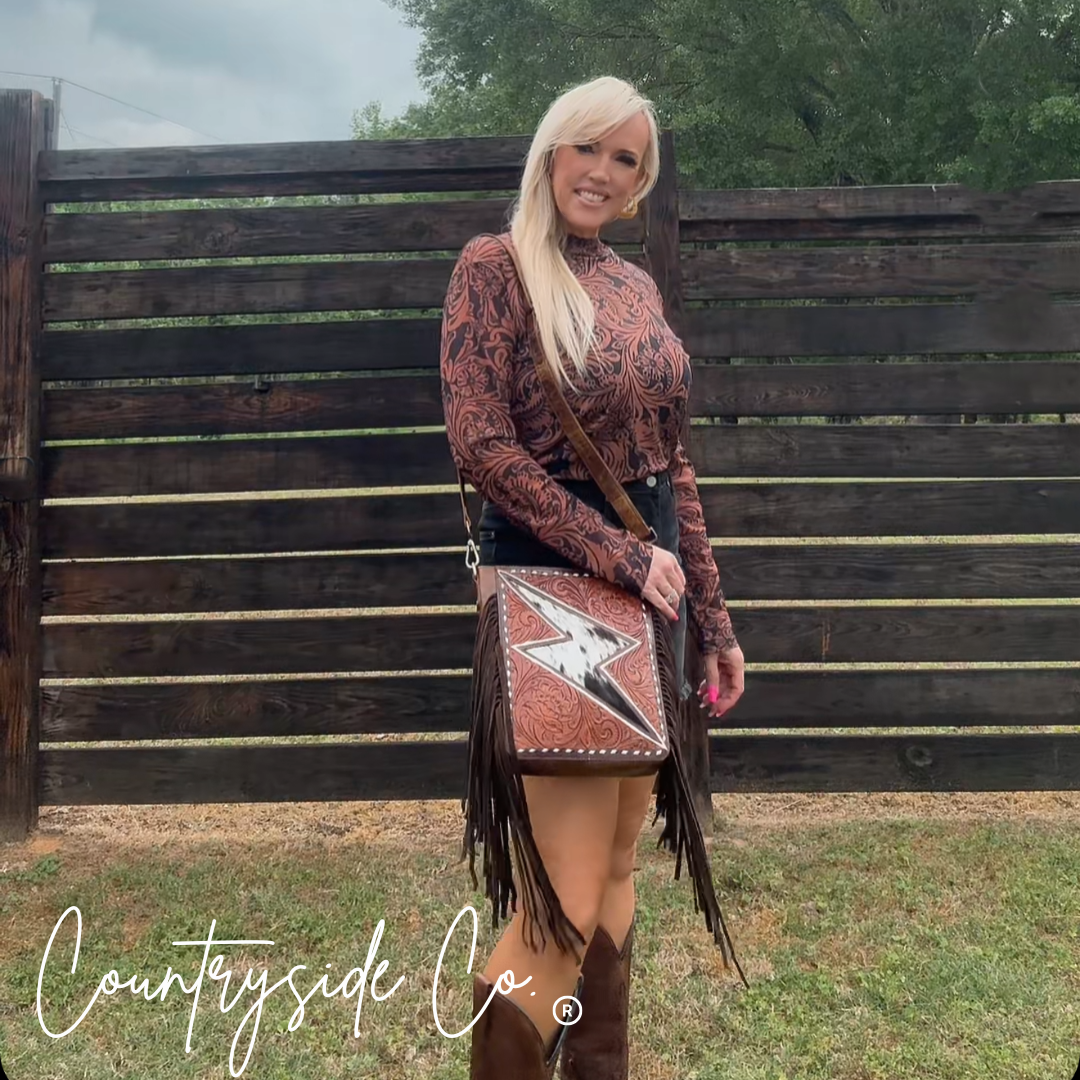 Bronco Bolt Tooled Leather Handbag