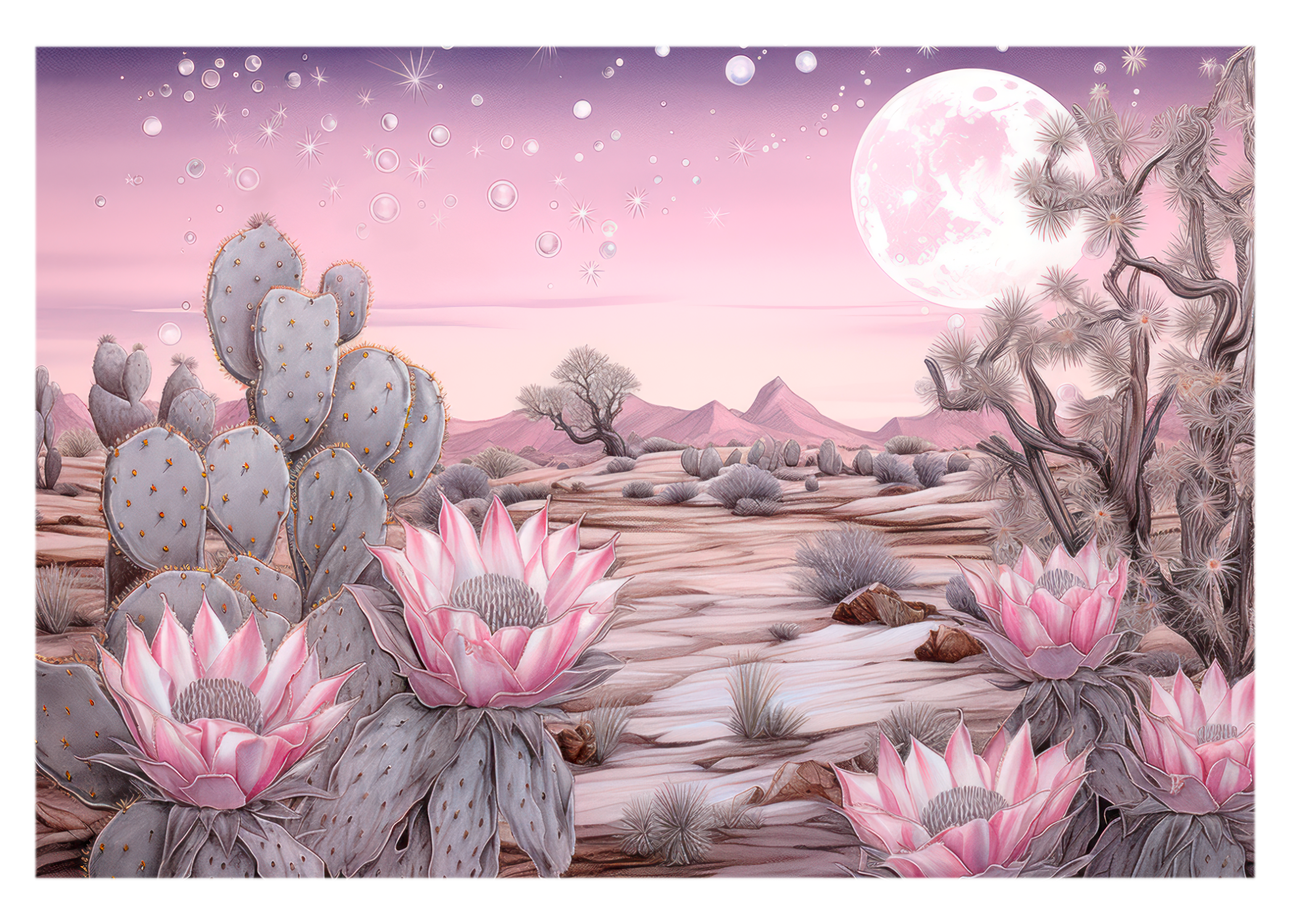 Desert Blush: Pink Moonlit Cactus Greeting Card