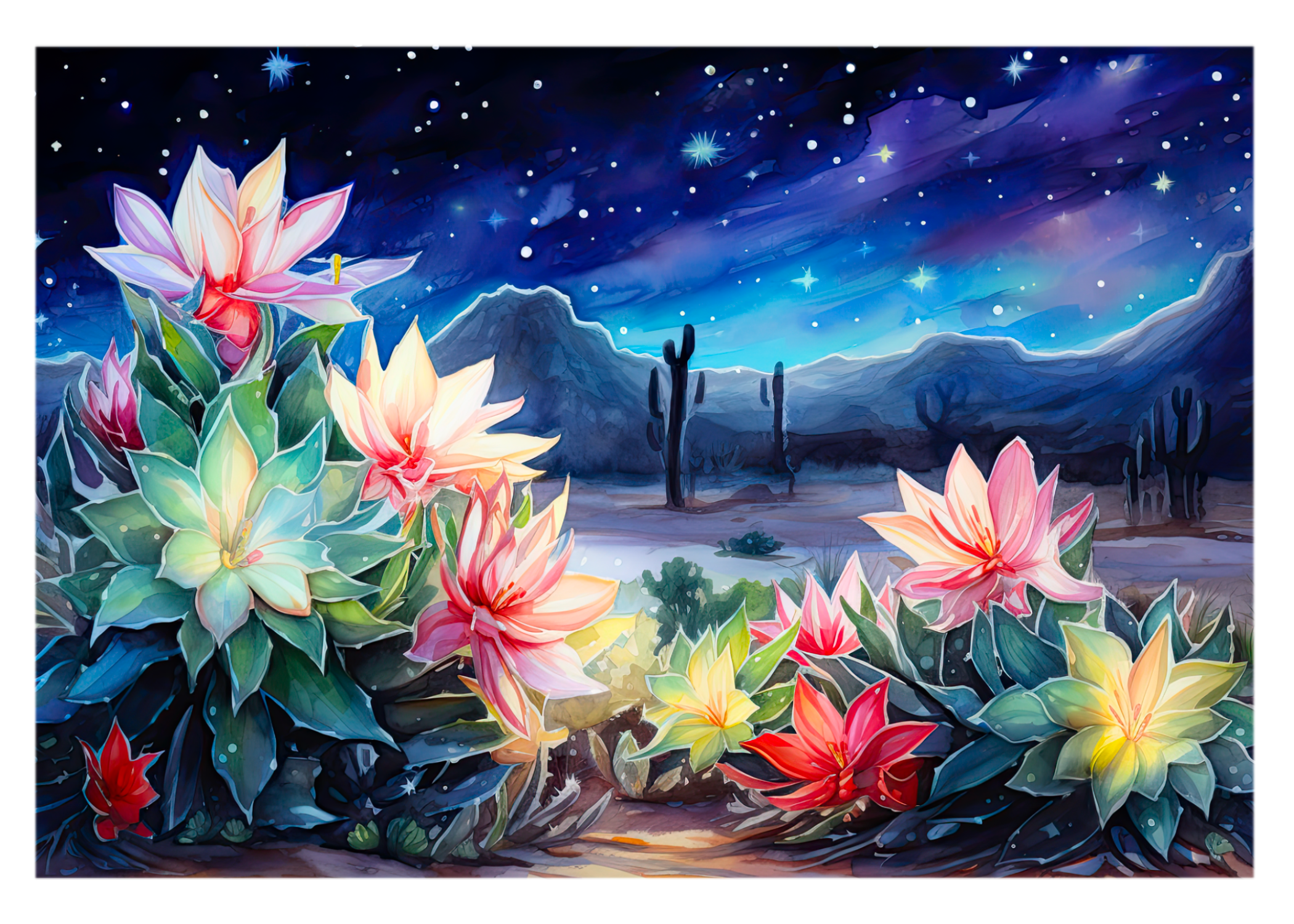 Midnight Bloom: Desert Cactus Night Sky Greeting Card