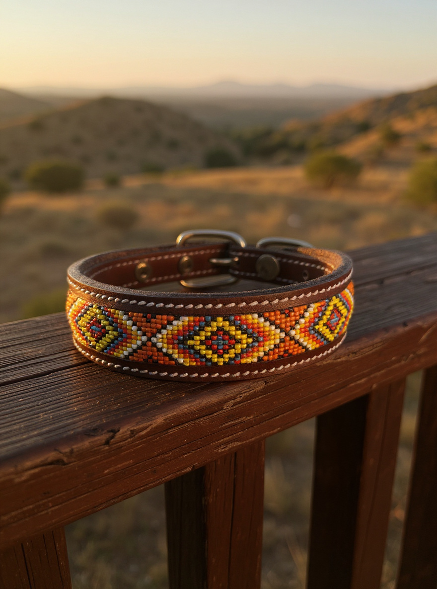 Epic Padded Leather Dog Collar with Beaded Design #E