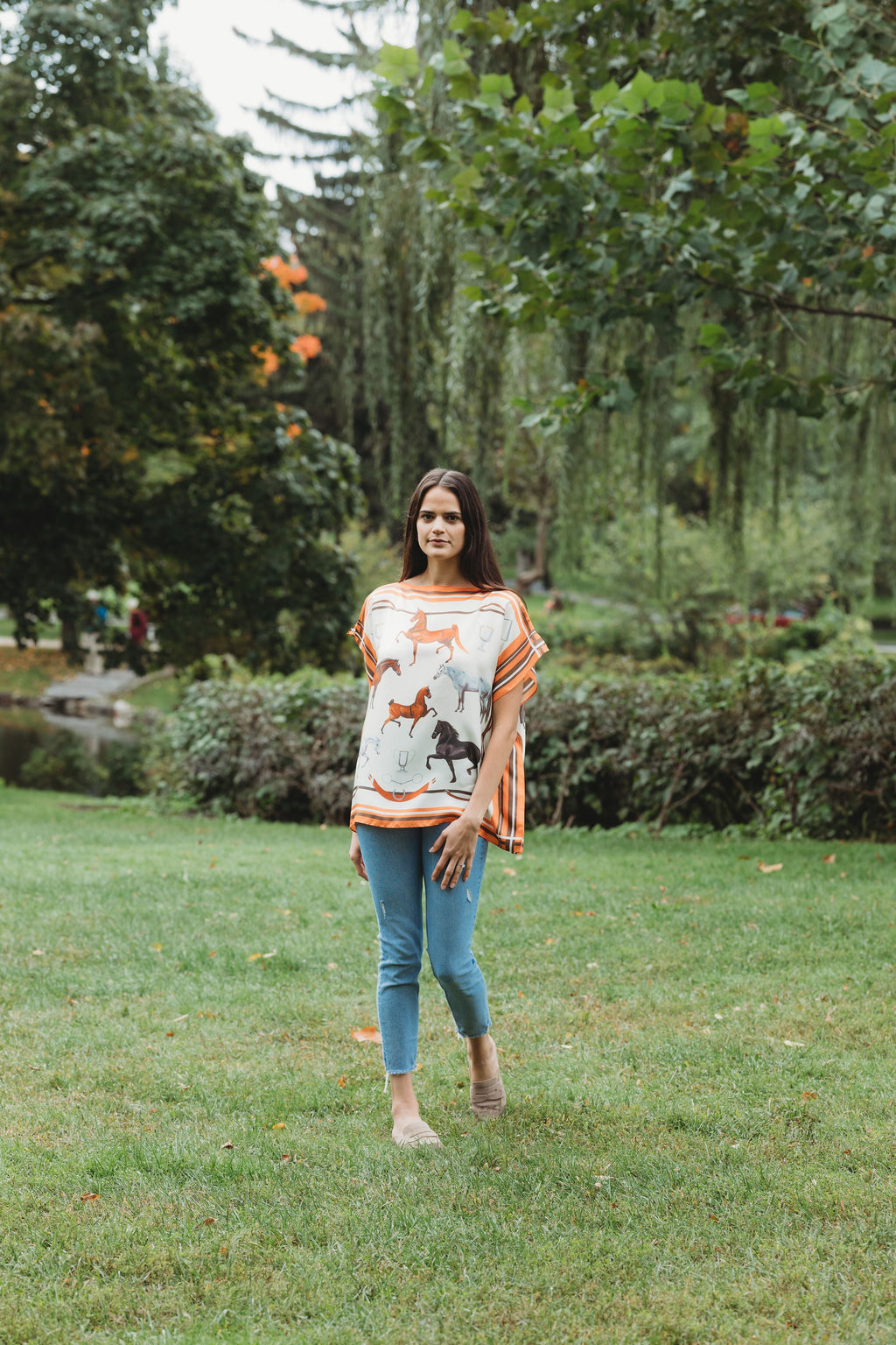Carson Kressley x Janet Crawford Equestrian Silk Women's Top - Orange
