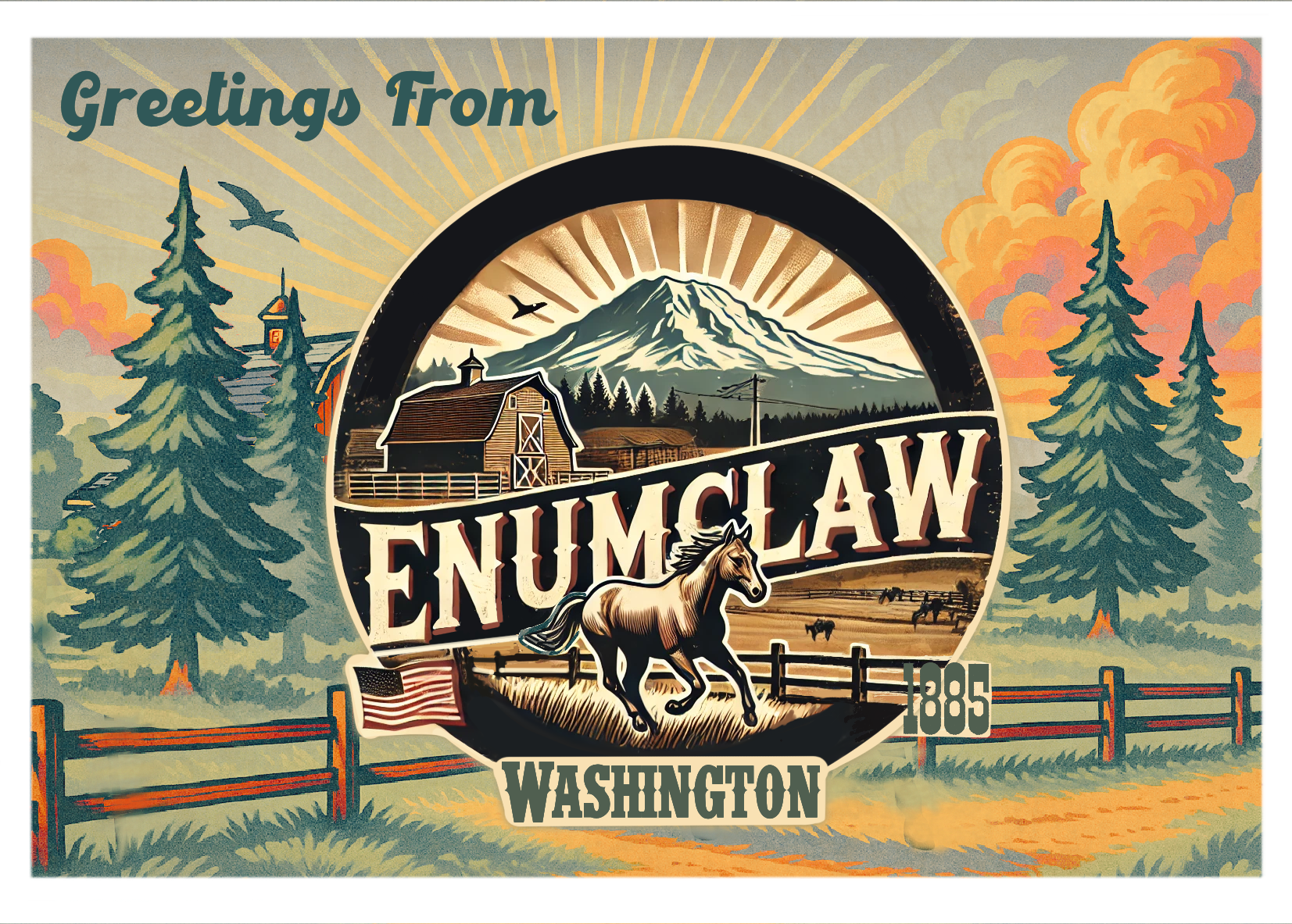 Greetings from Enumclaw 1885, Washington City Postcards, 5x7 Glossy Collectibles