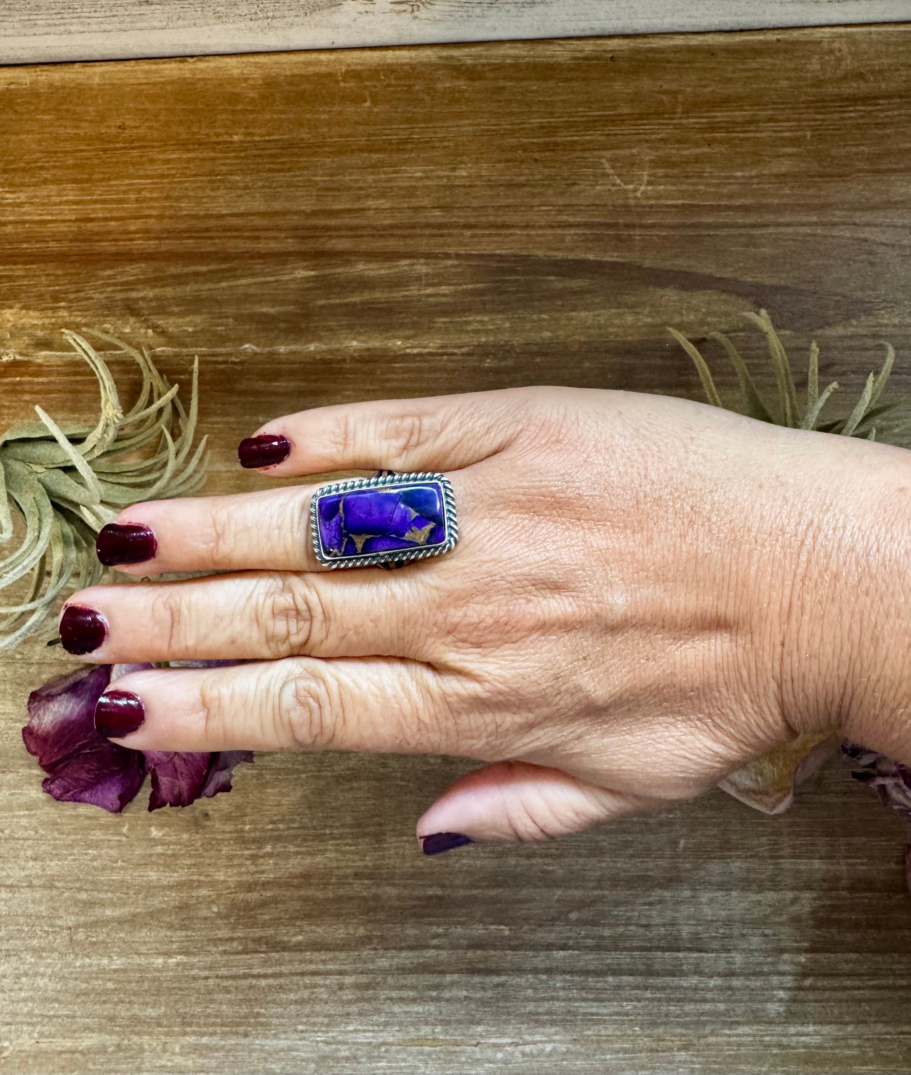 Purple Dahlia Ring – Sterling Silver – Native Made by M. Spencer – Size 8