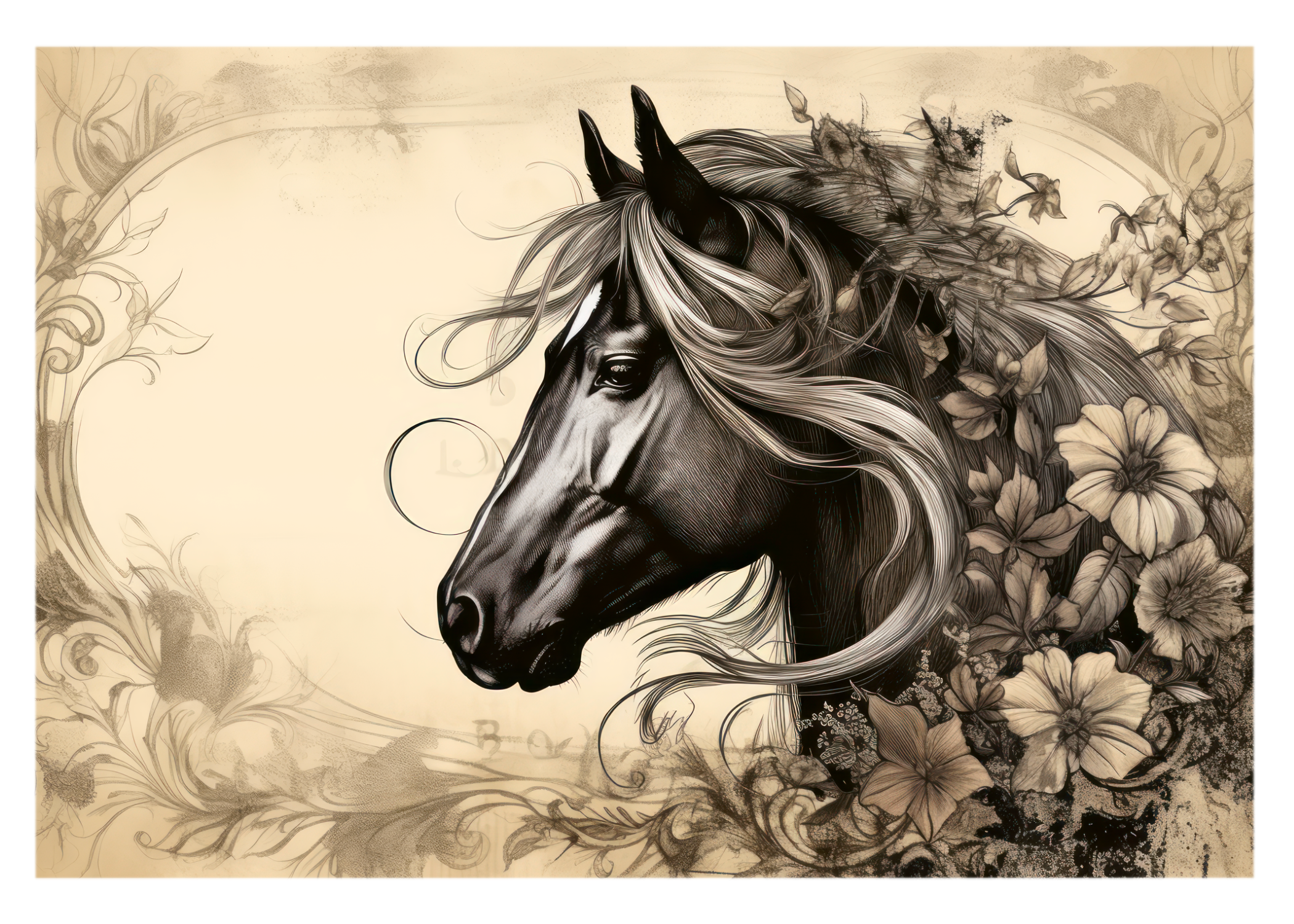 Vintage Equine Charm: Graceful Horse with Blooms - Greeting Card