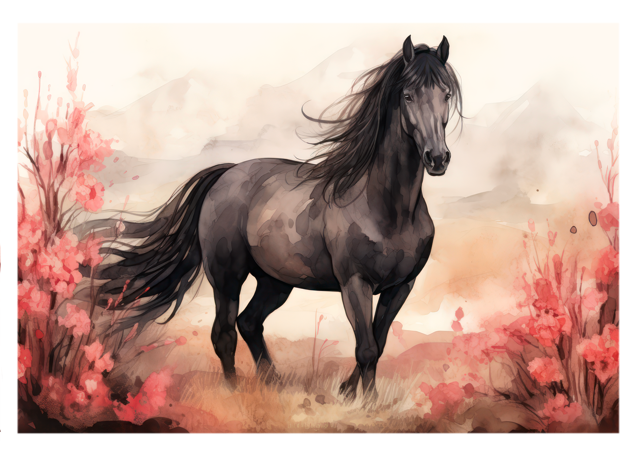 Enchanting Equine Elegance: Majestic Horse in a Meadow of Crimson Blooms - Greeting Card
