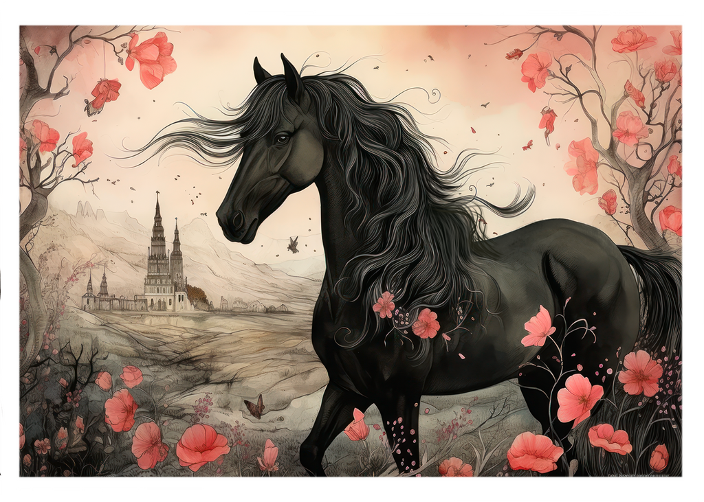 Ethereal Elegance: Vintage-Inspired Black Horse Amidst Pink Floral Enchantment - Greeting Card