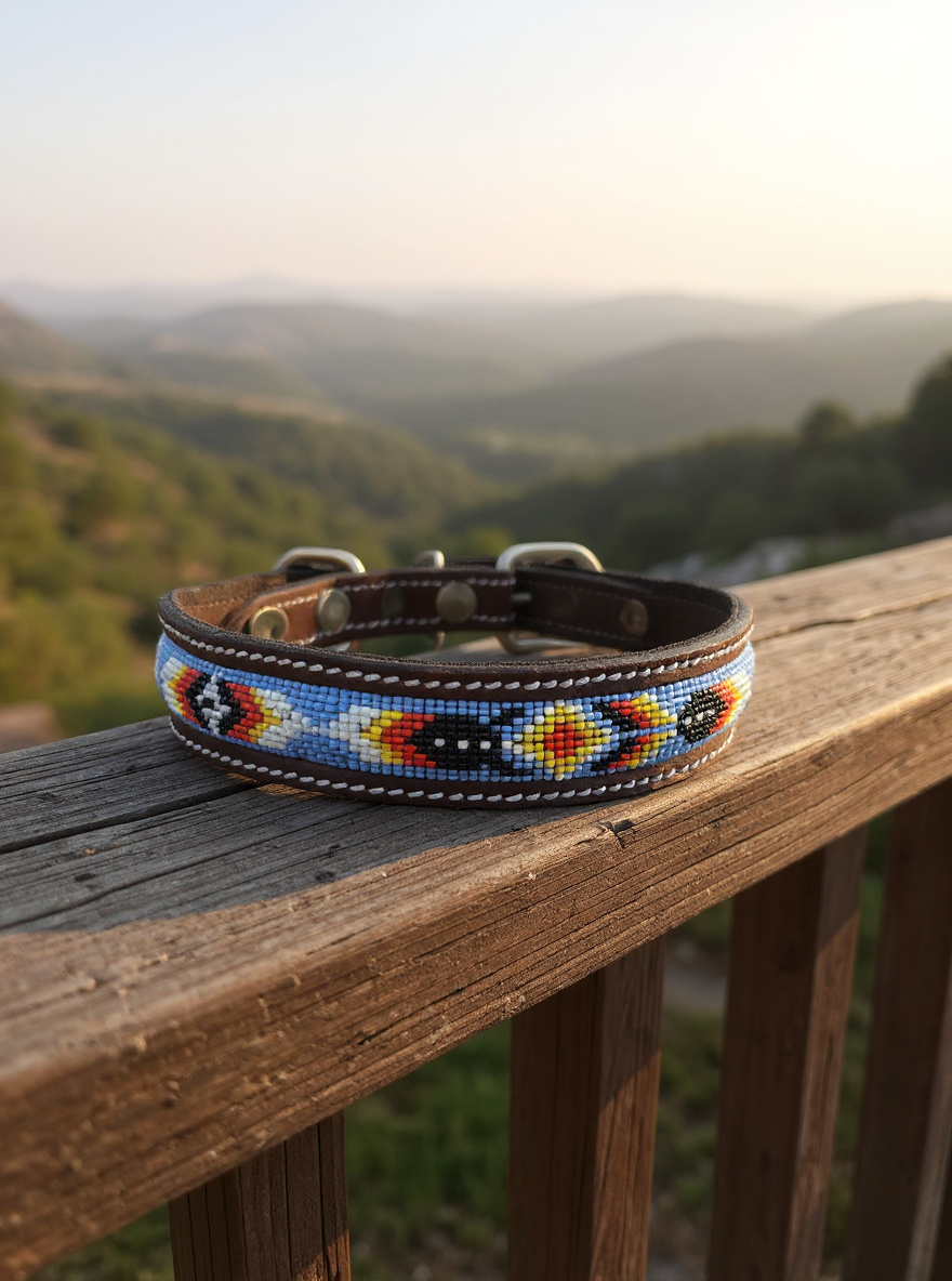 Epic Padded Leather Dog Collar with Beaded Design #I