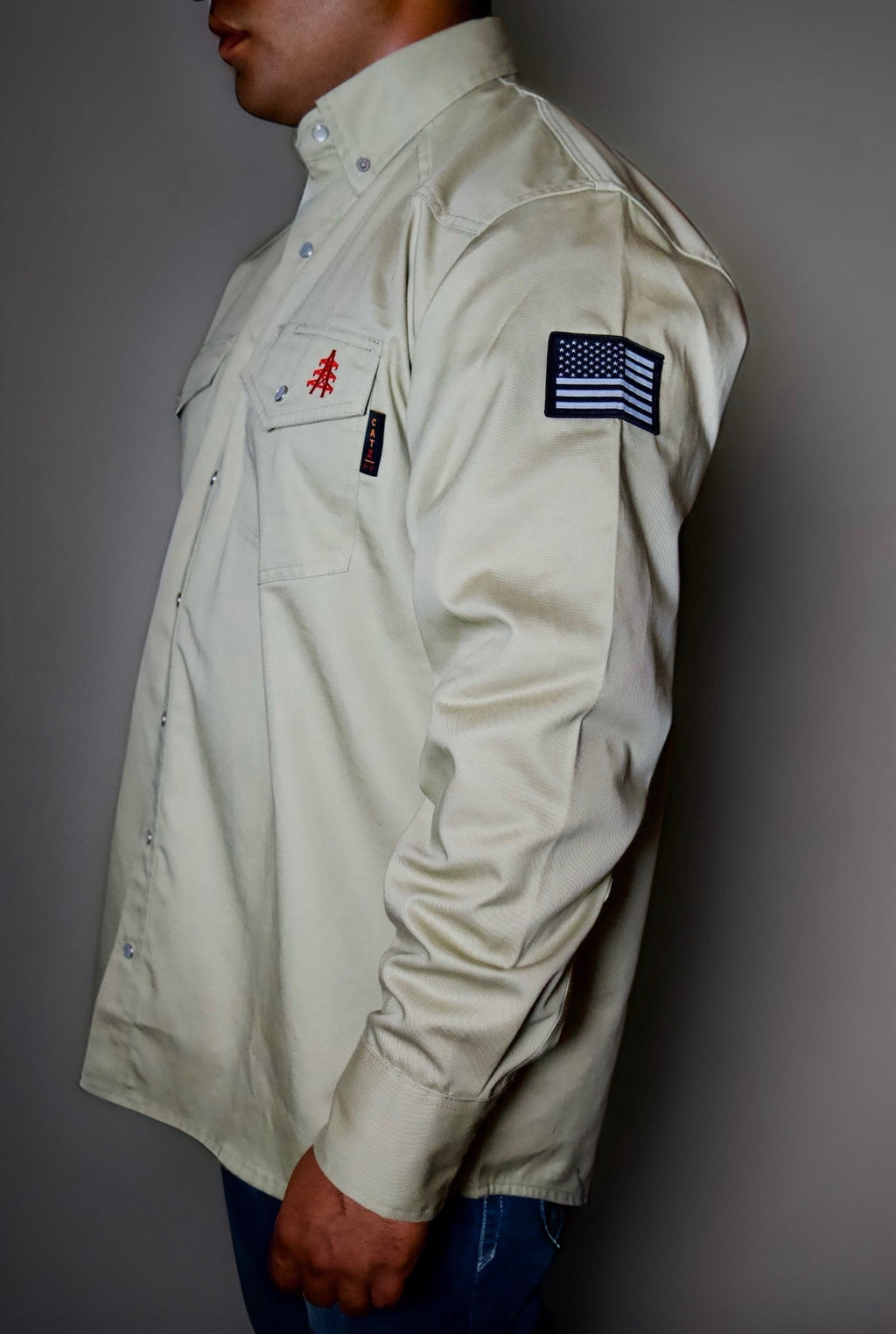 FR Western Style Pearl Snap Men's Work Shirt - Khaki