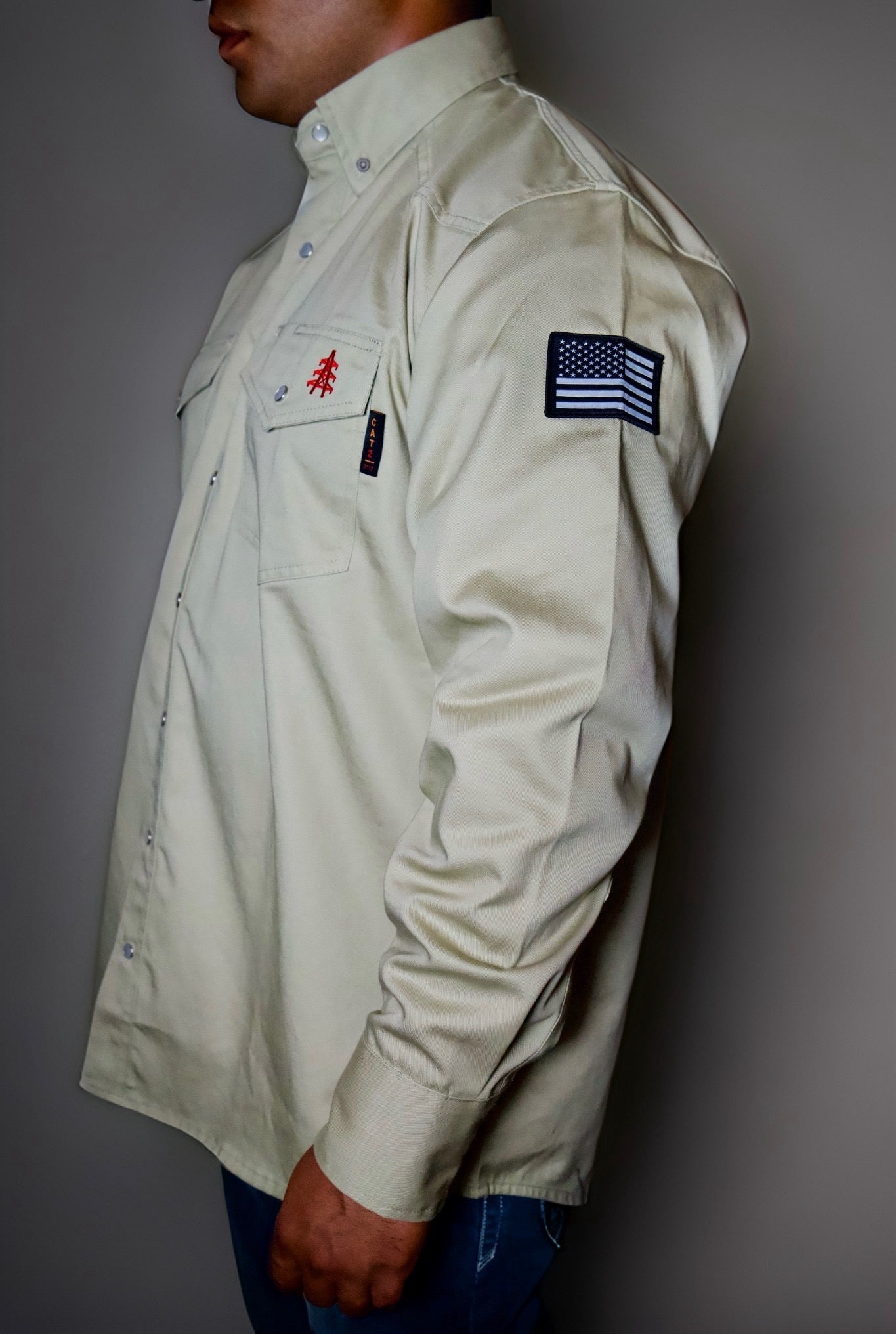 FR Western Style Pearl Snap Men's Work Shirt - Khaki