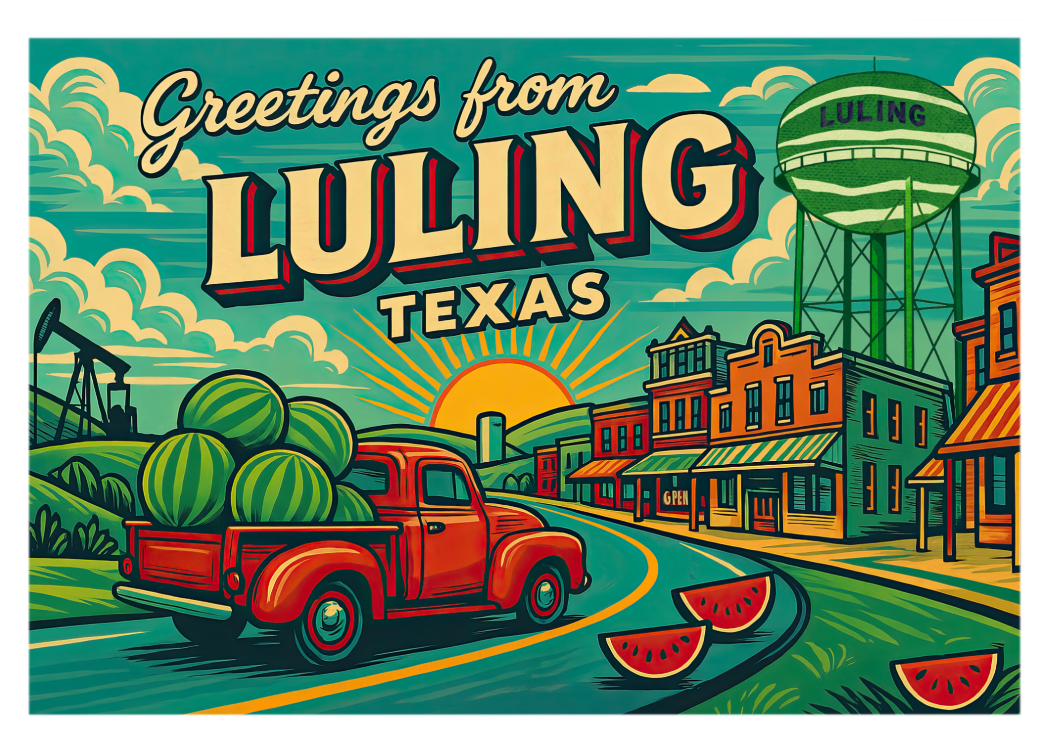 Greetings from Luling, Texas City Postcards, Red Truck Watermelons 5x7 Glossy Collectibles